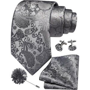Men's Dark Grey Paisley Tie And Lapel Pin Necktie Hankerchief Cufflinks Set